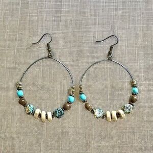 Vintage Style Turquoise & Bronze Color Round Hoop Earrings